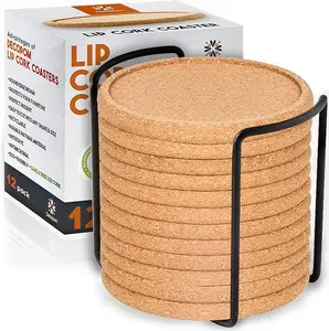 Cork Coasters with Lip for Drinks Absorbent | 12 Set 4 Inch Thick Rustic Saucer with Metal Holder Heat & Water Resistant | Best Reusable Natural Round Coasters for Bar Glass Cup Table