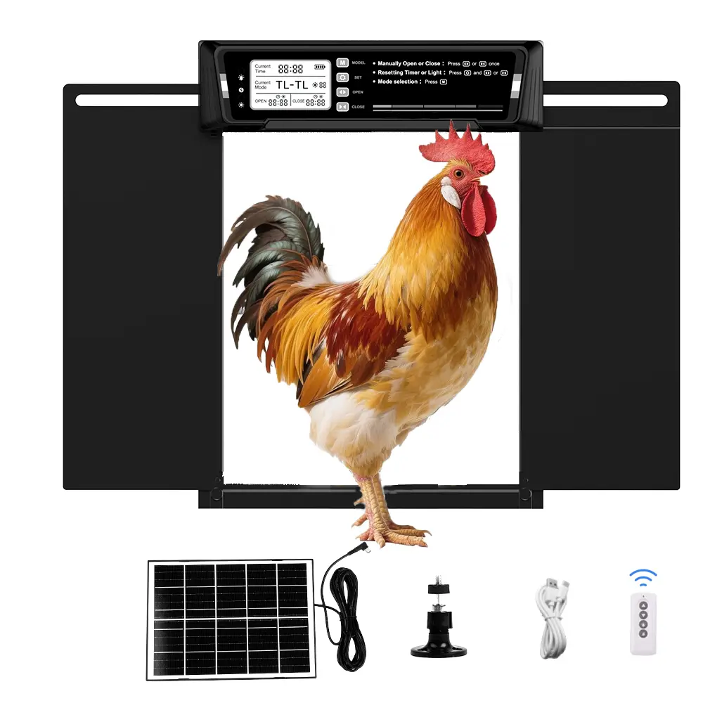 Solar Automatic Chicken Coop Door for Chicken, Goose, Duck - Dual-Swing Aluminum Gate with Remote, LCD, 4 Auto Modes, Light Sensor, Timer, 5000mAh Battery, Solar Panel, USB Power, IPX4 Weatherproof, Batteries