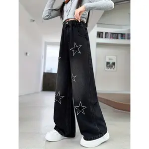 Girls' Black Wide-Leg Jeans with Star Embroidery - High-Waisted Loose-Fit Denim Pants, Elastic Waistband & Full-Length Leg Wide Legs Suitable for Girls 3-14 Years, Spring/Autumn Streetwear Casual Pants