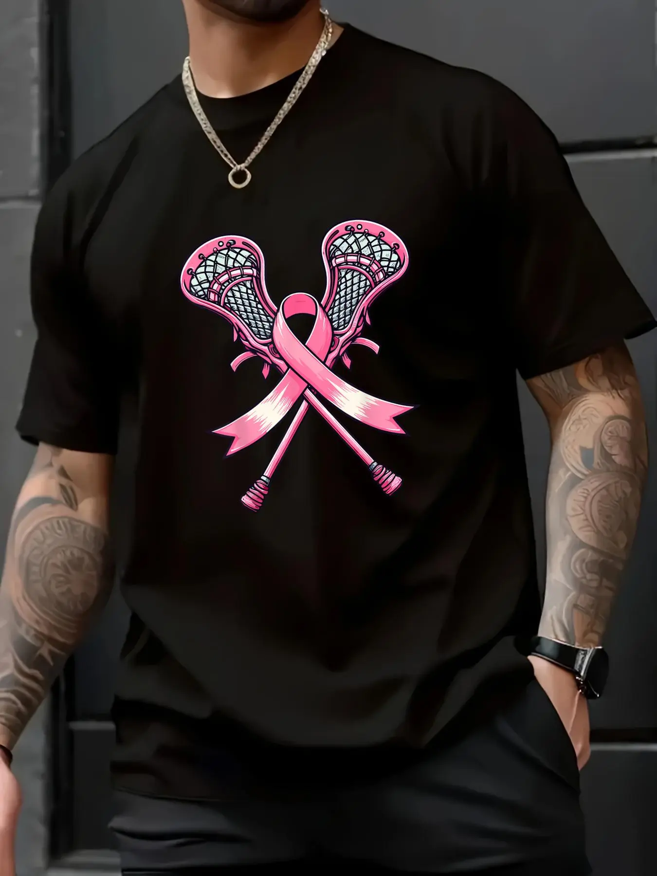 Unisex Lacrosse Pink Ribbon Print T-Shirt, Casual Loose Fit 100% Cotton Shortsleeve Game Day Tops for Everyday Wear, All Seasons