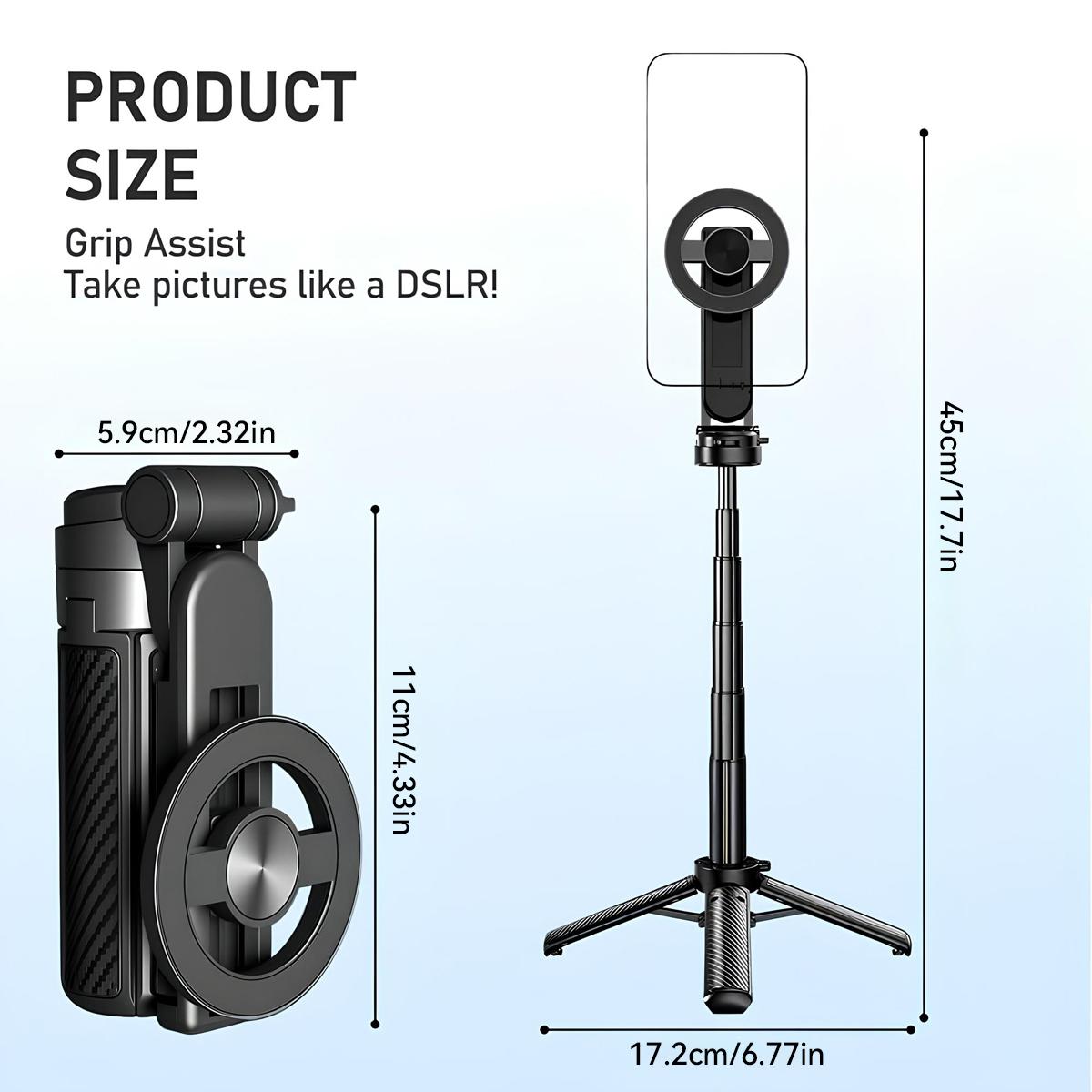 5-in-1 Magnetic Selfie Stick with Remote for Cell Phone 360° Rotation, Compact & Stylish, With wireless Bluetooth control, Magnetic Phone Holder for Selfies/Video Recording/Vlogging, Compatible with Most Phone Modes