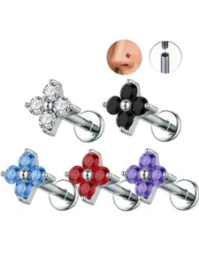 Elegant G23 Titanium Four-Leaf Clover Nose Stud & Flower Earring Set, Synthetic Zirconia Jewelry for Casual Wear or Party