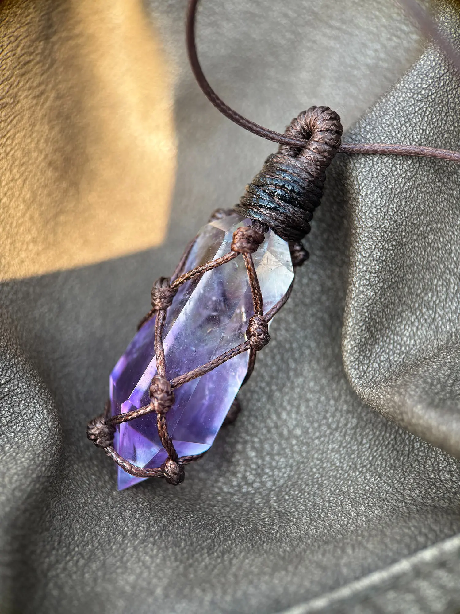 Vintage Natural Amethyst Pyramid Pendant Necklace, Handmade Healing Crystal Charm, Adjustable Woven Rope, Daily Wear, Valentine's Gift, Boxed, Natural Crystal Jewelry, Crystal Jewellery