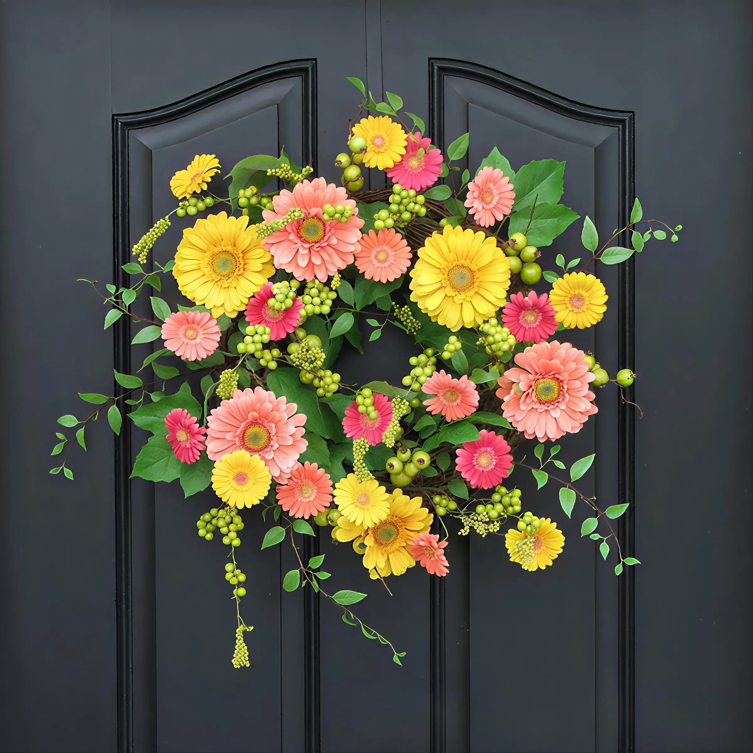 Vibrant Gerbera Daisy Door Wreath, Artificial Spring Flower Wreath with Green Leaves & Berries, Fake Floral Wreath Decorative for Home, Wedding, Party, Window, Porch, Wall Decor, All Season