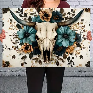 [2D Flat] Rustic Chic Cow Skull & Floral Canvas Wall Art - Vintage Farmhouse Decor with Wrapped Canvas Frame, Ready to Hang, Perfect for Living Room, Bedroom, or Office, Cow Decor, 2D Flat, Perfect Decoration Artistic