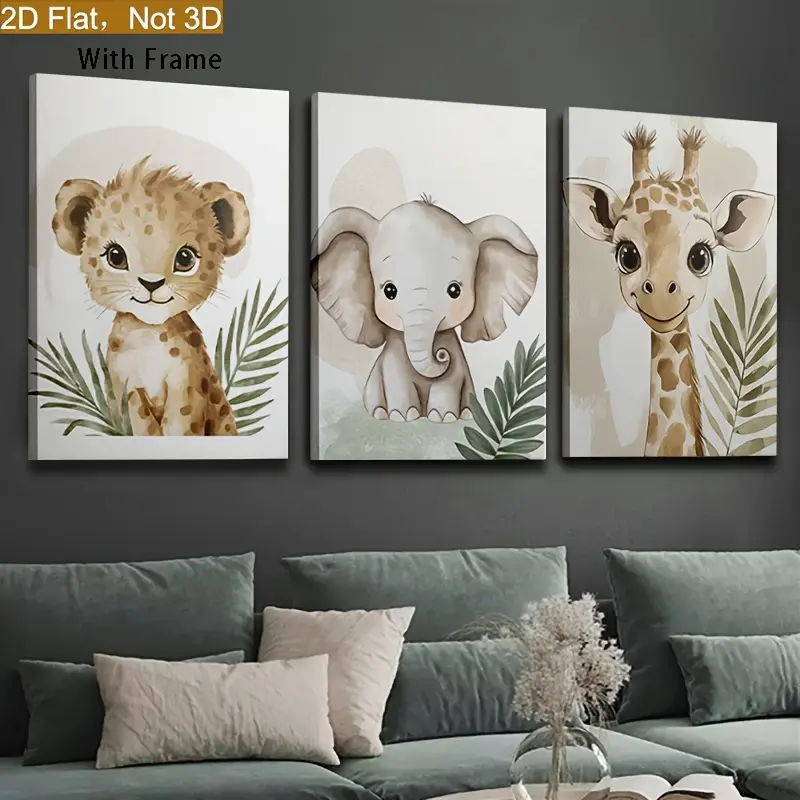 Kids' 3-Piece Framed 2D Wild Jungle Animal Wall Art Prints - Glossy, Waterproof, Houndstooth-Accent Wood Decoration for Kids' Rooms, Kitchen, Home Decor Posters & Prints