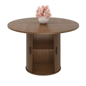 GAOMON 47'' Round Dining Table with Hidden Storage for 4, Kitchen Dining Room Circle Dinner Pedestal Table with Slide Door Shelf, Space Saving Wood Furniture for Small Spaces, Dining Room, Walnut