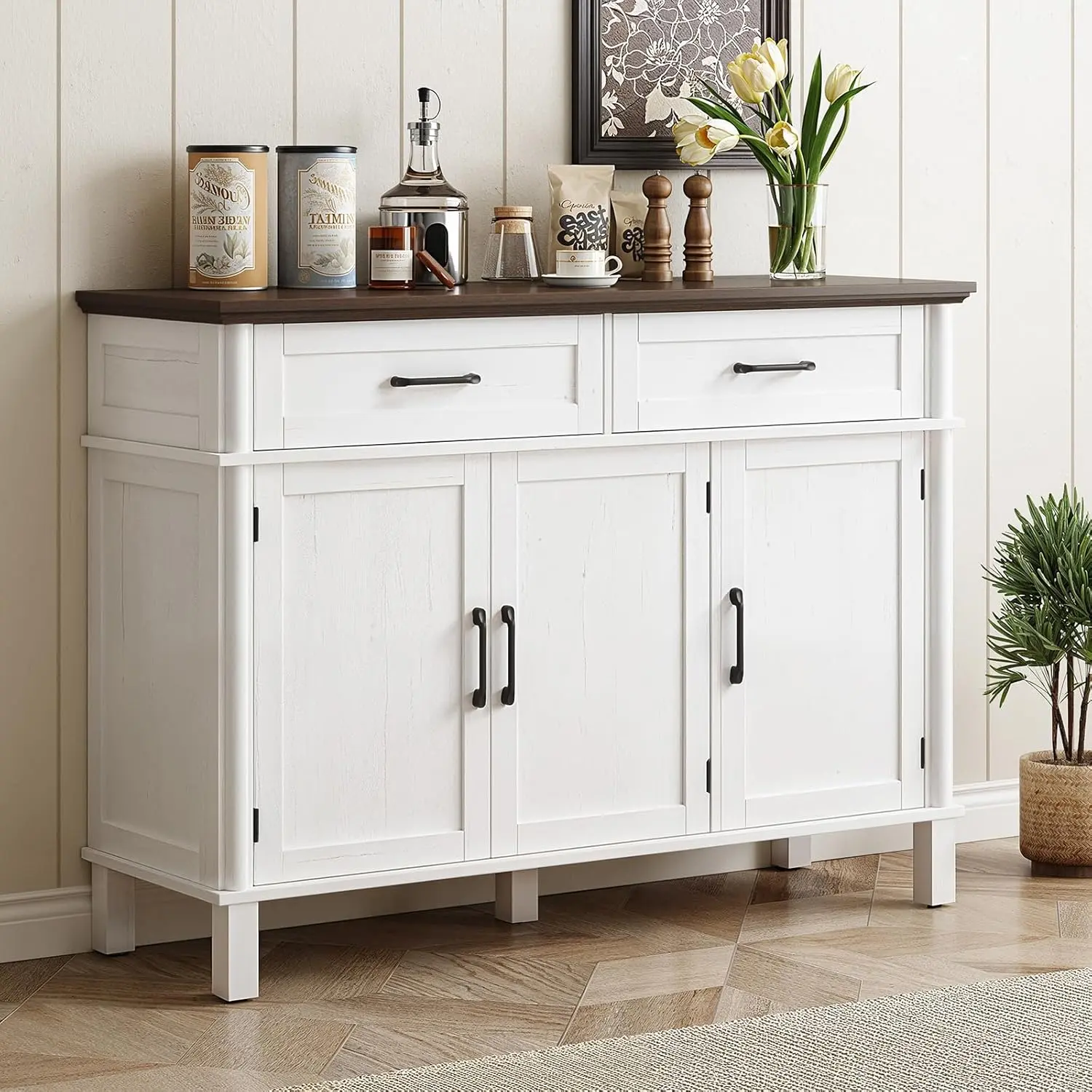 【SummerFinds】ONBRILL 48-Inch Sturdy Wood Farmhouse Buffet Cabinet - Modern Sideboard Buffet with Thick Legs, 2 Drawers, 3 Doors, Adjustable Shelves, Easy Assembly, Kitchen Storage Coffee Bar for Kitchen, Living Room