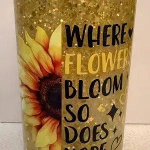 16oz Yellow Glitter Sunflower Drinkware with "Where Flowers Bloom So Does Hope" Design
