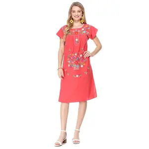 unik Embroidered Traditional Adult Puebla Mexican Dress Coral WD2058