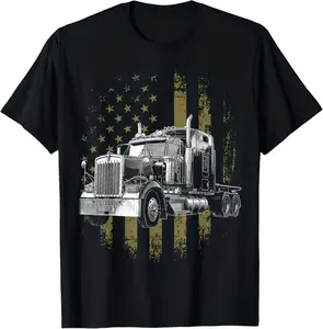 100% Cotton Trucker American Flag Big Rig Semi-Trailer Truck Driver Gift T-Shirt