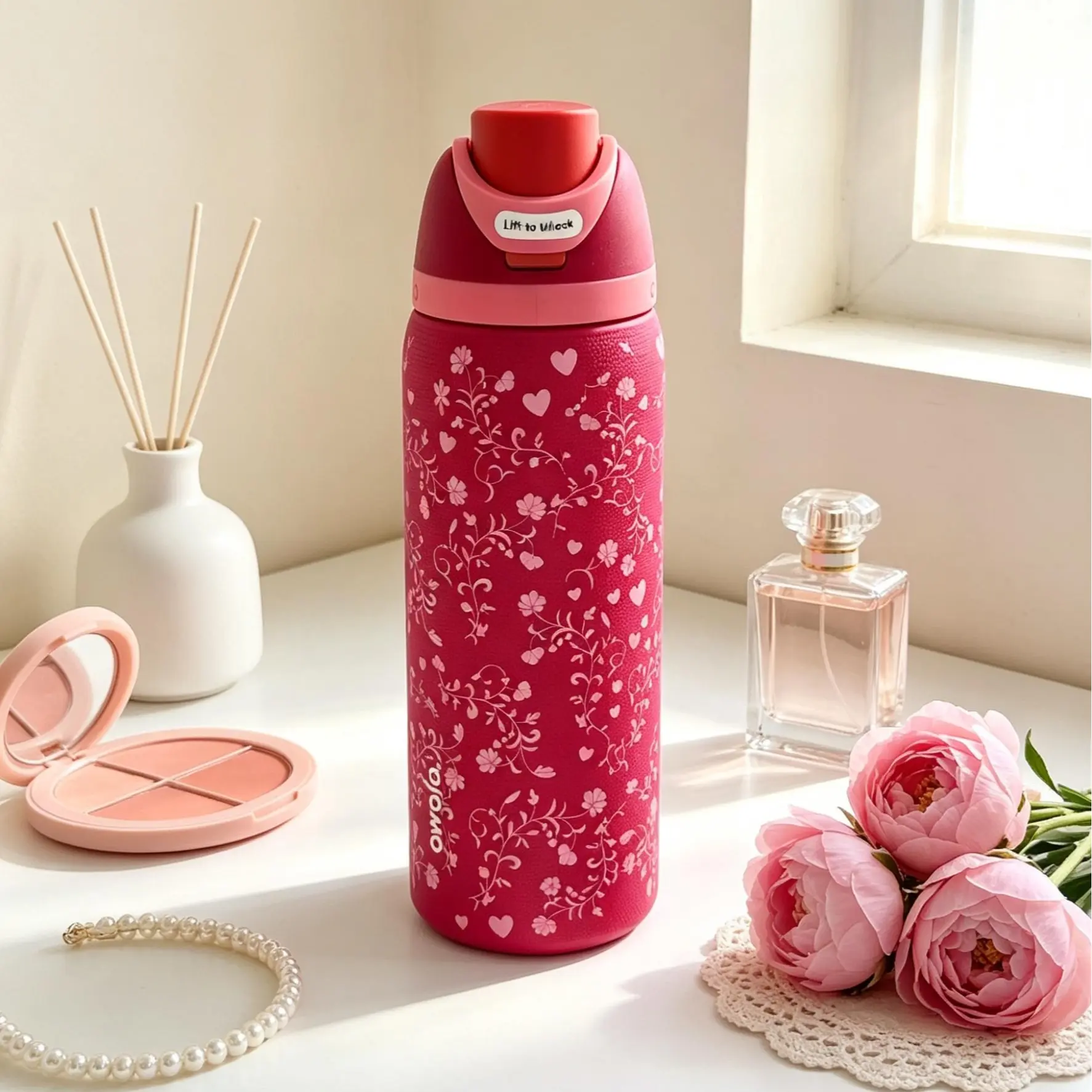 Owala FreeSip 32oz Insulated Vacuum Flask Water Bottle - Special Edition Red Floral Heart Pattern, 24hr Cold Retention, Leak-Proof, Stylish Red Lid