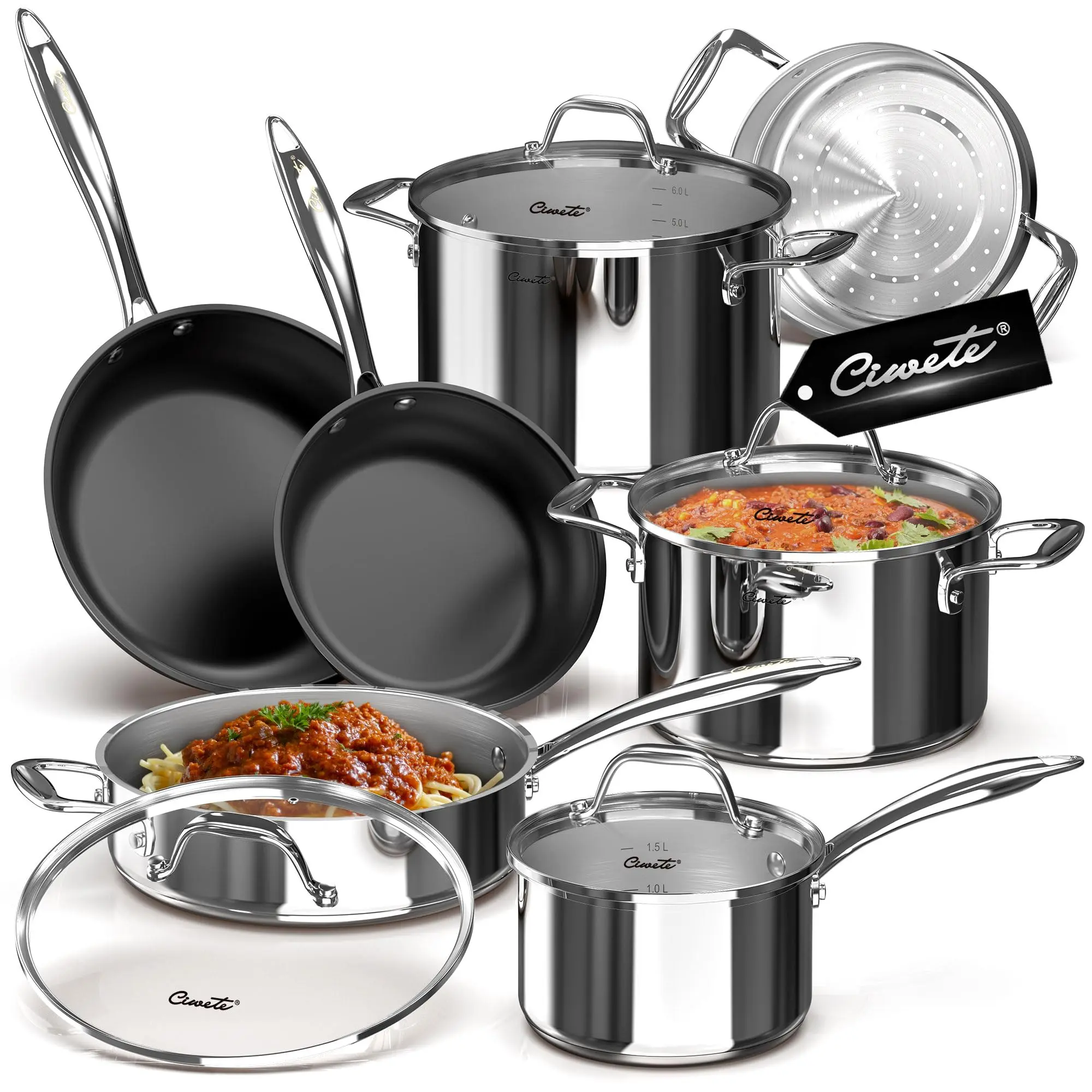 Ciwete 11-Piece Stainless Steel Pots and Pans Set Non Stick, Tri-Ply Stainless Steel Cookware Set, Induction Kitchen Cookware Sets with Steamer Insert & Stay-Cool Handles, Dishwasher, Oven Safe