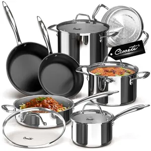 Ciwete 11-Piece Stainless Steel Pots and Pans Set Non Stick, Tri-Ply Stainless Steel Cookware Set, Induction Kitchen Cookware Sets with Steamer Insert & Stay-Cool Handles, Dishwasher, Oven Safe fathersdaygift