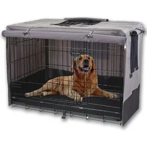 Privacy Dog Crate Cover 42 Inch, Durable 600D Canvas Water Resistant Windproof Pet Kennel Cover for Universal Double Door Wire Crate, (43”Lx29”Wx31”H, Gray/Black)