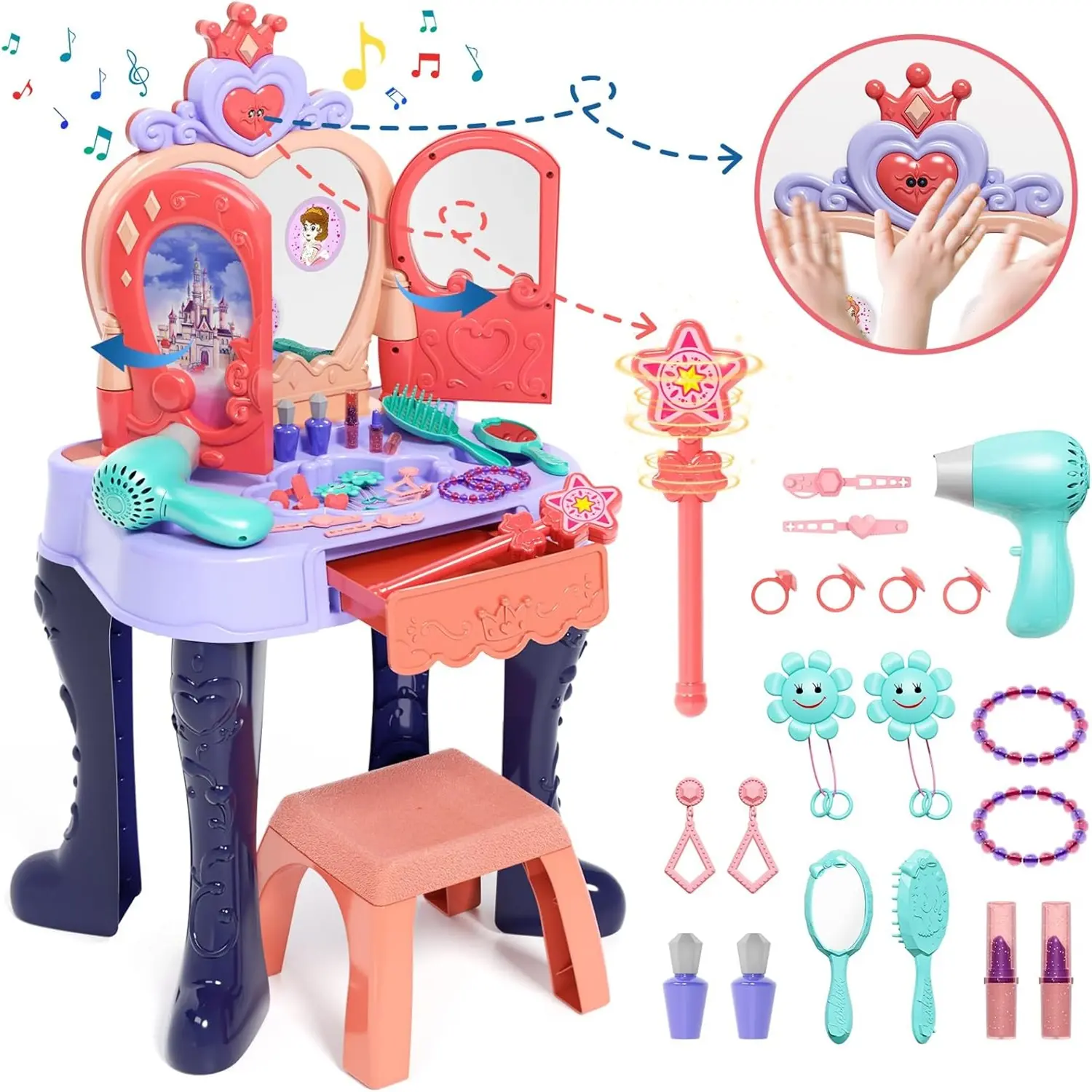Toddler Vanity Makeup Table with Mirror and Chair Open Doors by Gestures Kids Vanity Set with Music Sound Light Magic and Accessories Girls Vanity for Toddlers 3-5 Years Old