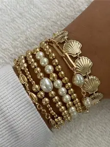 7pcs Vintage Elegant Boho Jewelry Set, Ocean Style Faux Pearl, Heart, Shell, Fan-Shaped Beaded Bracelets, Stackable Bracelets, Personalized Simple High-End Layered Bangle Bracelets, Women Summer Beach Party Date Gift Daily Outfit, Double Layered Bracelets