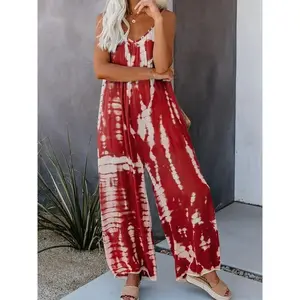 [Tie Dye Print Cami Jumpsuit] V Neck Loose Tie Dye Print Cami Jumpsuit - Boho Casual Jumpsuit For Spring & Summer - Women's Clothing Womenswear Overalls(Sheet)