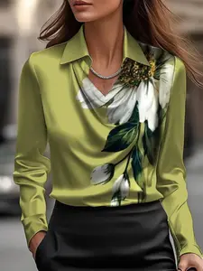 Elegant Women's Long Sleeve Woven Fitted Shirt Collar Floral Blouse Top, Detachable Rhinestone Chain Design, Fashionable Commuter Wear, Stylish & Comfortable
