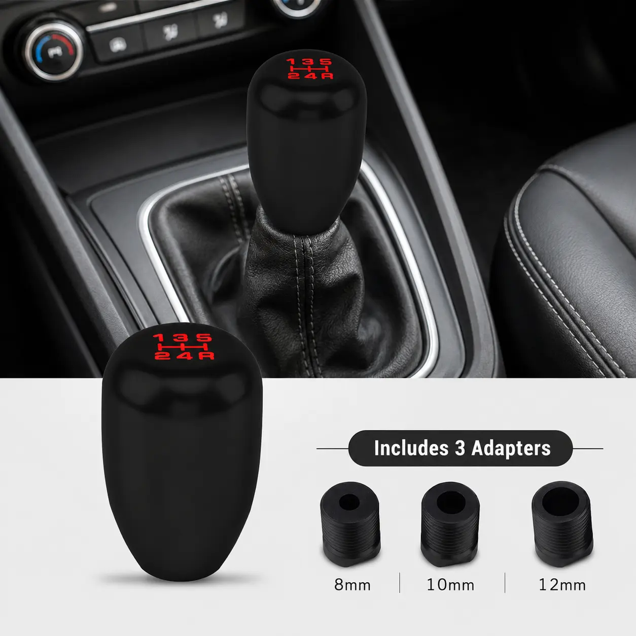 5 Speed Manual Gear Shift Knob, Aluminum Alloy Car Stick Shift Knob with 8mm 10mm 12mm Adapters, Universal Manual Transmission Shift Lever Knob Replacement for Cars Trucks SUVs, Black