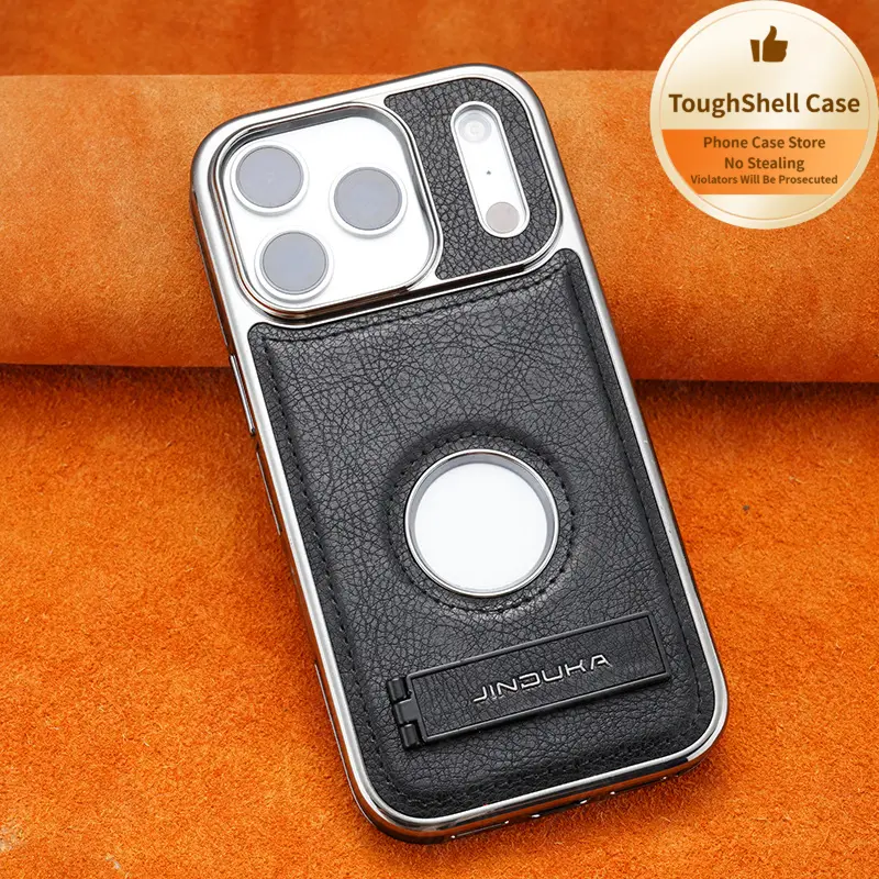Customized Faux Leather Mobile Phone Case with Metal Frame, Logo-Revealing Stand, Shiny Electroplating, Anti-Drop Full Protection, Retro Luxury Business Style for iPhone 13-17 Series, IP 13, 17 Pro Max - Novelty Accessory with Manufacturer Warranty, Prote