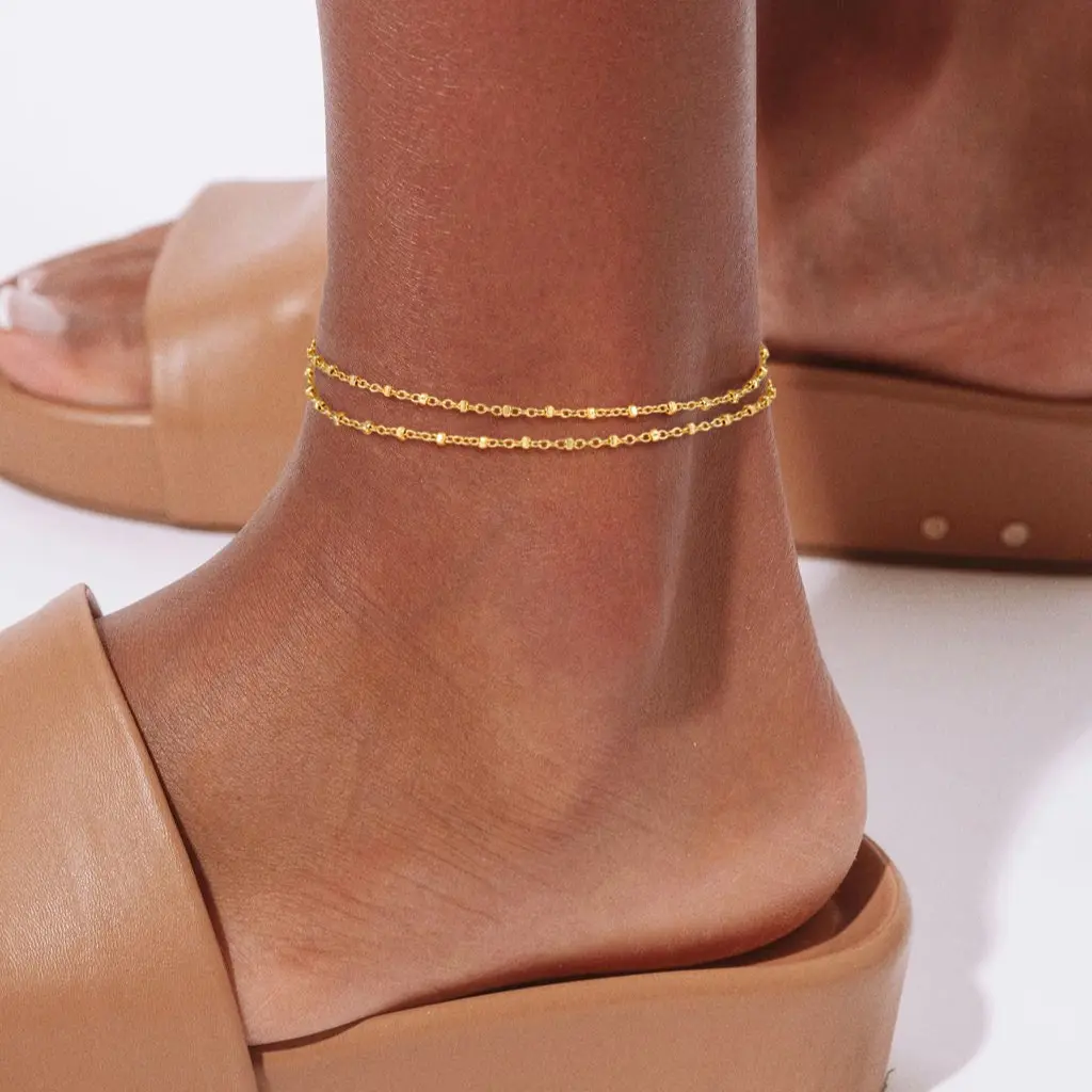 KYERLYN Thin Double Chain Square Bead Anklet Adjustable Hypoallergenic Gold Foot Accessory For Beach Outfits