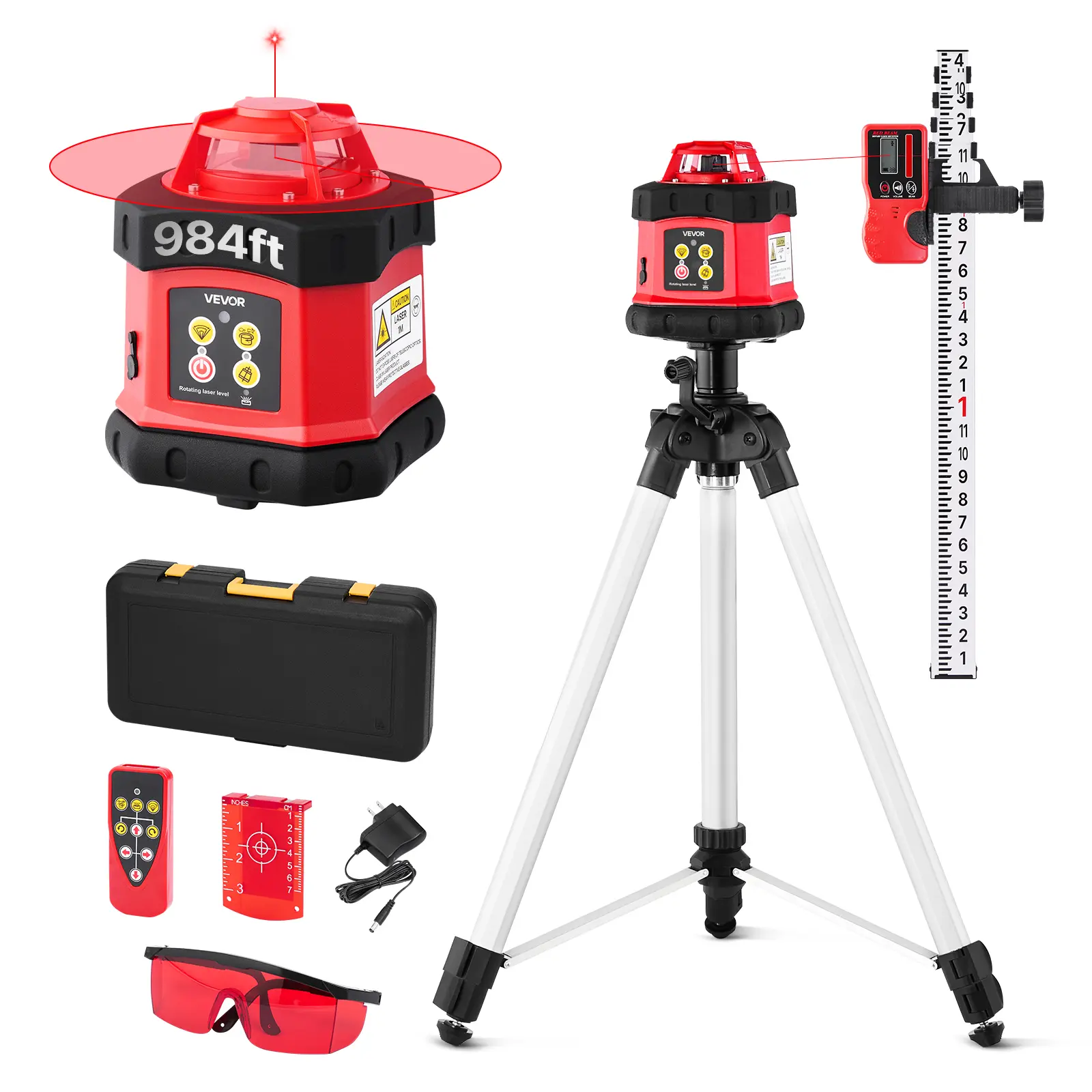 VEVOR Electronic Laser Level Unit, 360-Degree Rotating Scan Self-Leveling Red Horizontal Kit w/ Tripod Set, 984ft Range, 0.12in/100ft Precision, Waterproof IP54, Receiver, Remote, Grade Rod, 1.2V Batteries, Scale, Toolcase for Construction, Remote Control