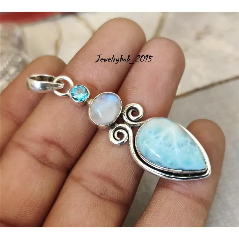 Larimar Pendant 925 Sterling Silver  Moonstone & Blue Topaz Gemstone MO5180