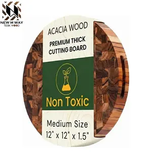 Round End Grain Acacia Cutting Board, 12" x 12" x 1.5" Thick Butcher Block for Meat, Cheese, Charcuterie & Kitchen Prep, Solid Hardwood, Knife Friendly, Non Toxic Wood Serving Board by New M Way