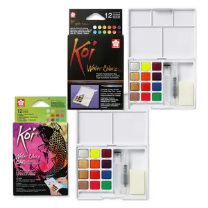 SAKURA Koi Pocket Field Sketch Kit - Watercolor/Metallics Set Bundle with 12x2 Different Colors, 2 Water Brush, Sponge, and Pallet