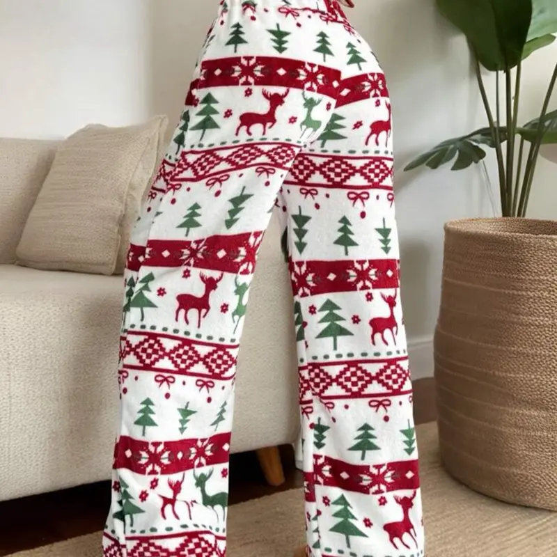 Women's Fashion Multicolor Plush Print Loose-Fitting Straight Leg Pants - Soft Festive Motif Bottoms for Christmas, Comfortable Casual Trousers