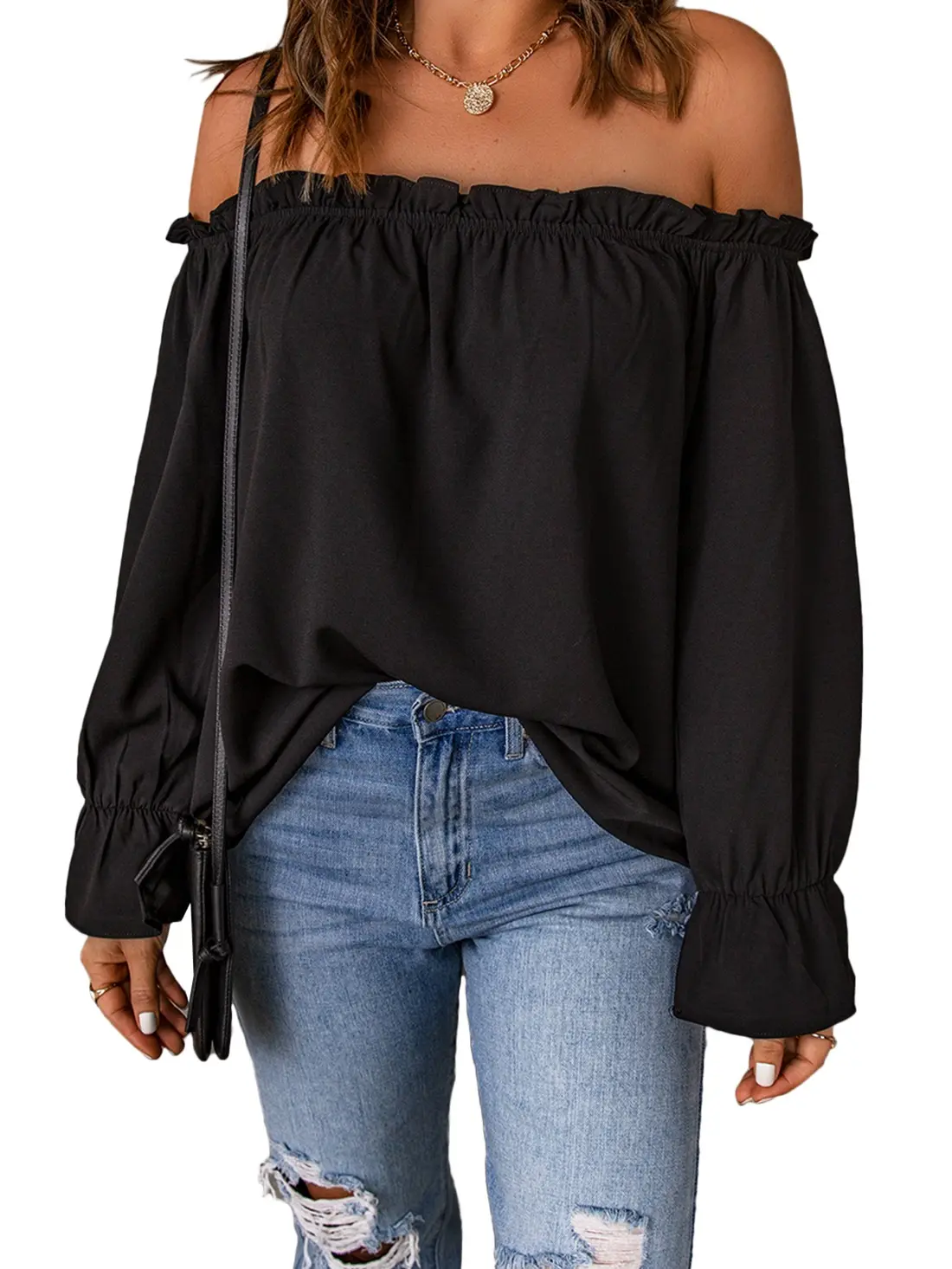 Women's Off Shoulder Tops Ruffle Long Sleeve Blouse Casual Loose Shirts Black Bohemian