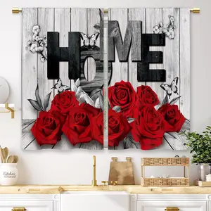 Red Rose Kitchen Curtains Farmhouse Wooden Floral Small Short Cafe Window Curtains Rustic Flower Black Red Rod Pocket Bathroom Window Drapes Treatment Tier Curtains 2 Panels (27.5x39 Inch)