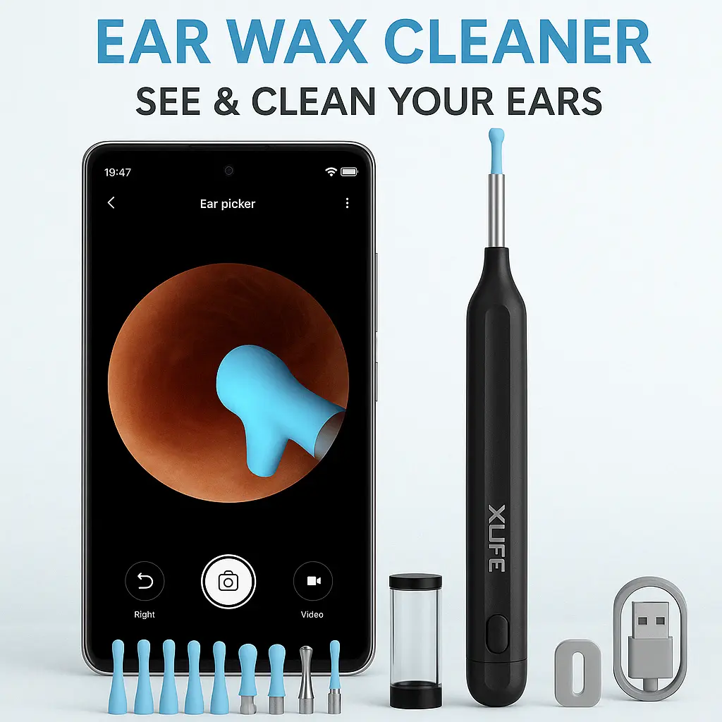 XLIFE X1 Ear Wax Removal Tool with Camera - Earwax Remover Picker with 12 Replacement Tips Ear Pick with 6 LED Light, Black