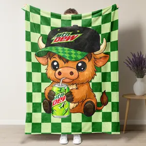 Cute Highland Cow & Tiger Skull Themed Mountain Dew Baja Blast Warm Throw Blanket - Comfortable & Soft with Dark 6-Day Star Design for Home, Travel,summervibes