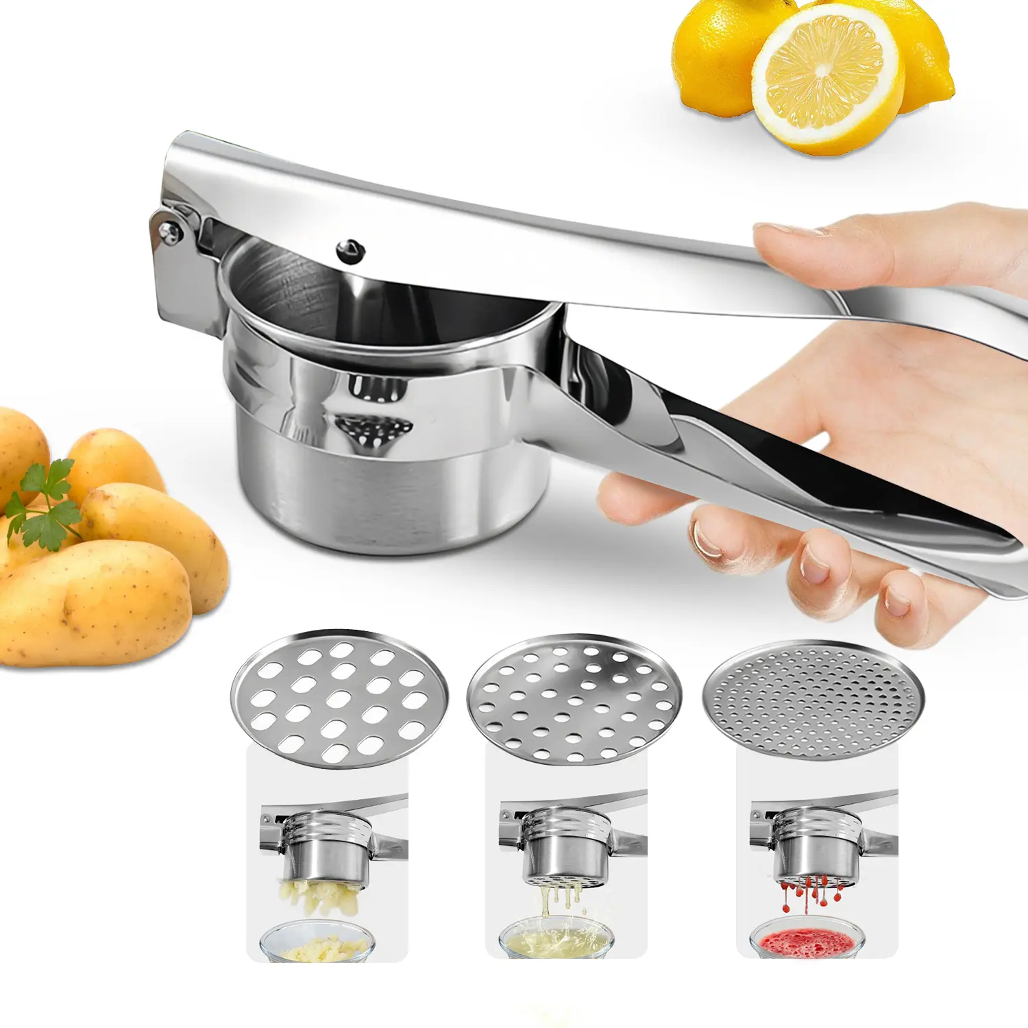 Stainless Steel Potato Ricer Masher with 3 Interchangeable Discs,Multi Functional Manual Press for Spaetzle, Gnocchi, Spaghetti, Potatoes, Fruits, Vegetables,Heavy Duty Kitchen Tool, Easy Squeeze