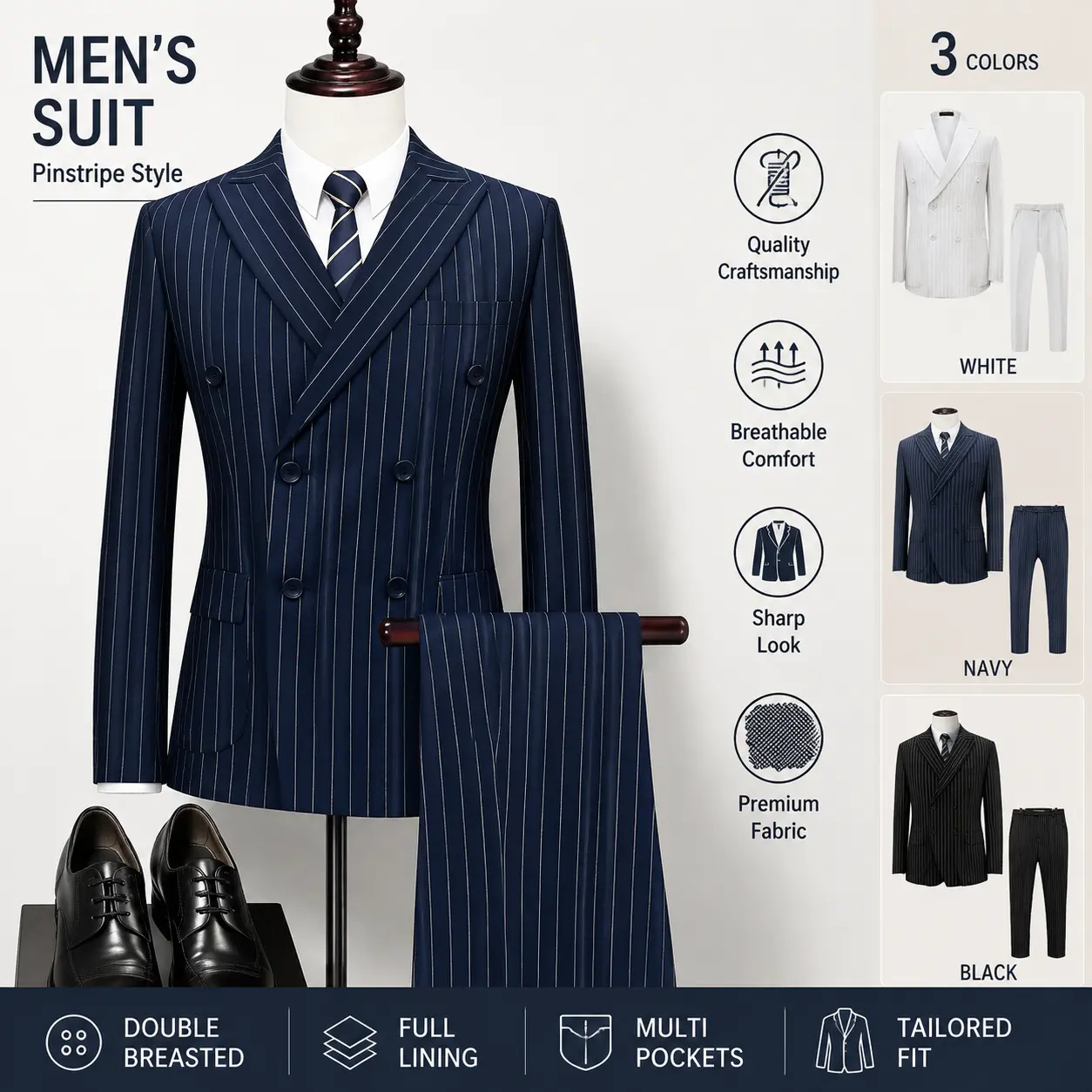 Distinguished Men's 2-Piece Slim-Fit Pinstripe Suit - Sophisticated Double-Breasted Blazer & Matching Dress Trousers Perfect for Executive Boardrooms, Corporate Job Interviews & Formal Events (sizes run small; please consult customer service for details)