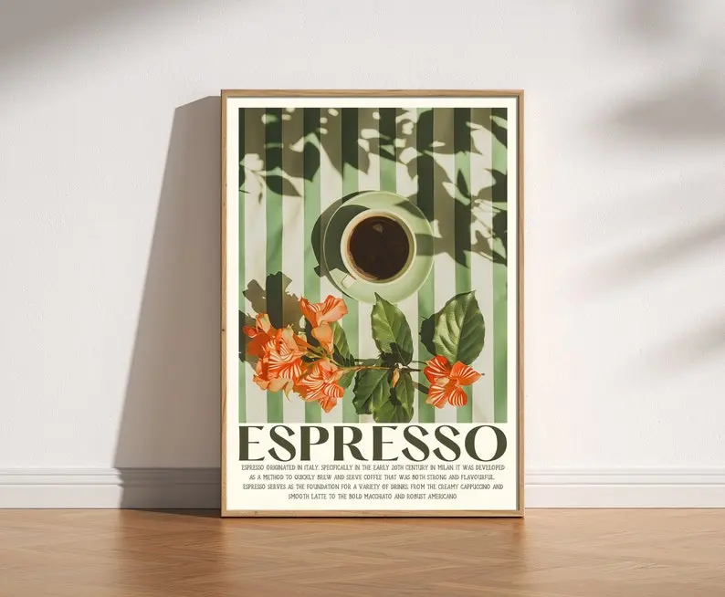 [Unframed] Espresso Coffee Print, Retro Vintage Kitchen Poster, Italian Coffee Art, Aesthetic Coffee Poster, Coffee Cup On Table, Cafe Art, 70s 80s 90s