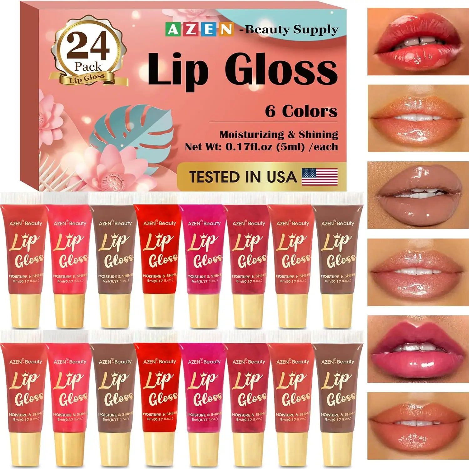 AZEN 24 Pack Lip Gloss Set, Color Lip Oil for Dry Cracked Lips Moisturizing Hydrating Nourishing with Vitamin E, Mothers Day Gifts for Women