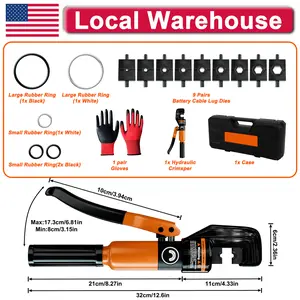 Sanuke Hydraulic Crimping Tool 10 Tons 12 AWG to 2/0 AWG Battery Cable Lug Wire Terminal Crimper with 9 Die Sets 1/8” Wire Rope Crimping Tool with 10" Cable Cutter and 64 Copper Lugs