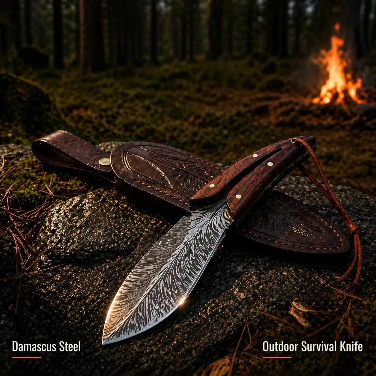 Portable Survival Knife - Feather-Patterned Steel Blade, Beechwood Handle, Leather Sheath, Durable Hunt Gear Accessory for Bushcrafting, Game Processing, Adults, Camping & Hiking Knives, Hunt Gear Accessories, Hunt Equipment