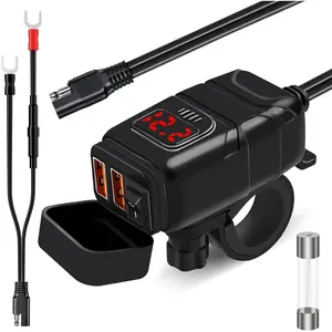 Motorcycle Phone Charger,Dual USB 6.8A Quick Charge 3.0 Motorcycle Handlebar Charger with Voltmeter & ON/Off Switch, Waterproof SAE to USB Adapter for Phone, Tablet, GPS (Red)