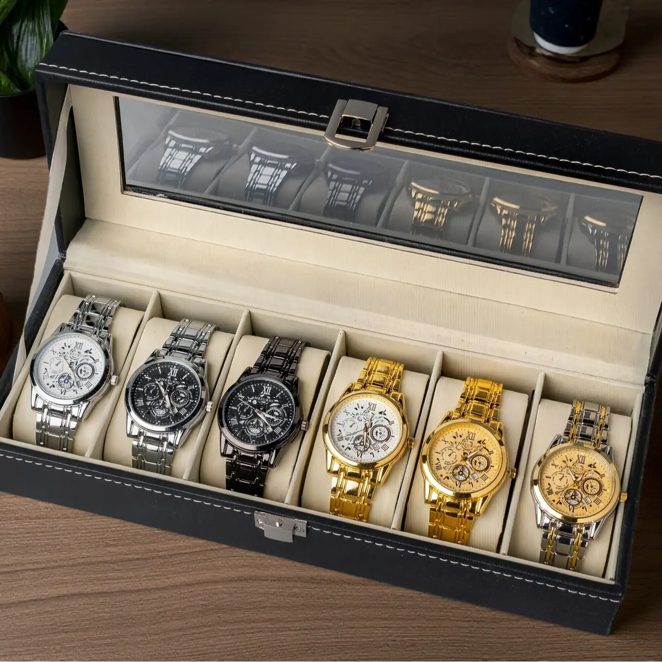 6 in 1 Men's Watch Set Iced Watches Dress Sport Casual Styles with Leather Box Perfect Gifts for Dad Husband 2025 New Release