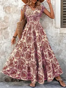 Women's Summer Floral Boho Bohemian Long Dress V Neck Short Sleeve Ruffled Waist A-Line, Perfect for Beach Vacation Party Wear Womenswear