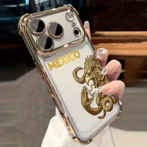 Golden Eagle Snake Letter Print Transparent Electroplated Airbag iPhone Phone Case, Vintage Eagle Snake Pattern Cases Suitable for iPhone 17 Air 16 Pro Max 15 14 Plus 13 12 11 Plus XR XS Samsung Galaxy S26 Ultra S25 Ultra S24 S23 S22 Phone Case