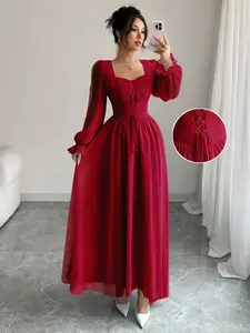 Vintage Wine Square Neck Bubble Sleeve Waist Cinching Long Dress, French Court Style Formal Elegance Evening Side Tie Flared Gown, Silk Smooth Fabric