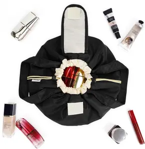 Lay Flat Open Drawstring Makeup Bag, Large Cosmetic Bag for Women Girls, Cute Make up Bags with Handle, Portable Travel Toiletry Bag for Skincare, Brushes & Travel Essentials
