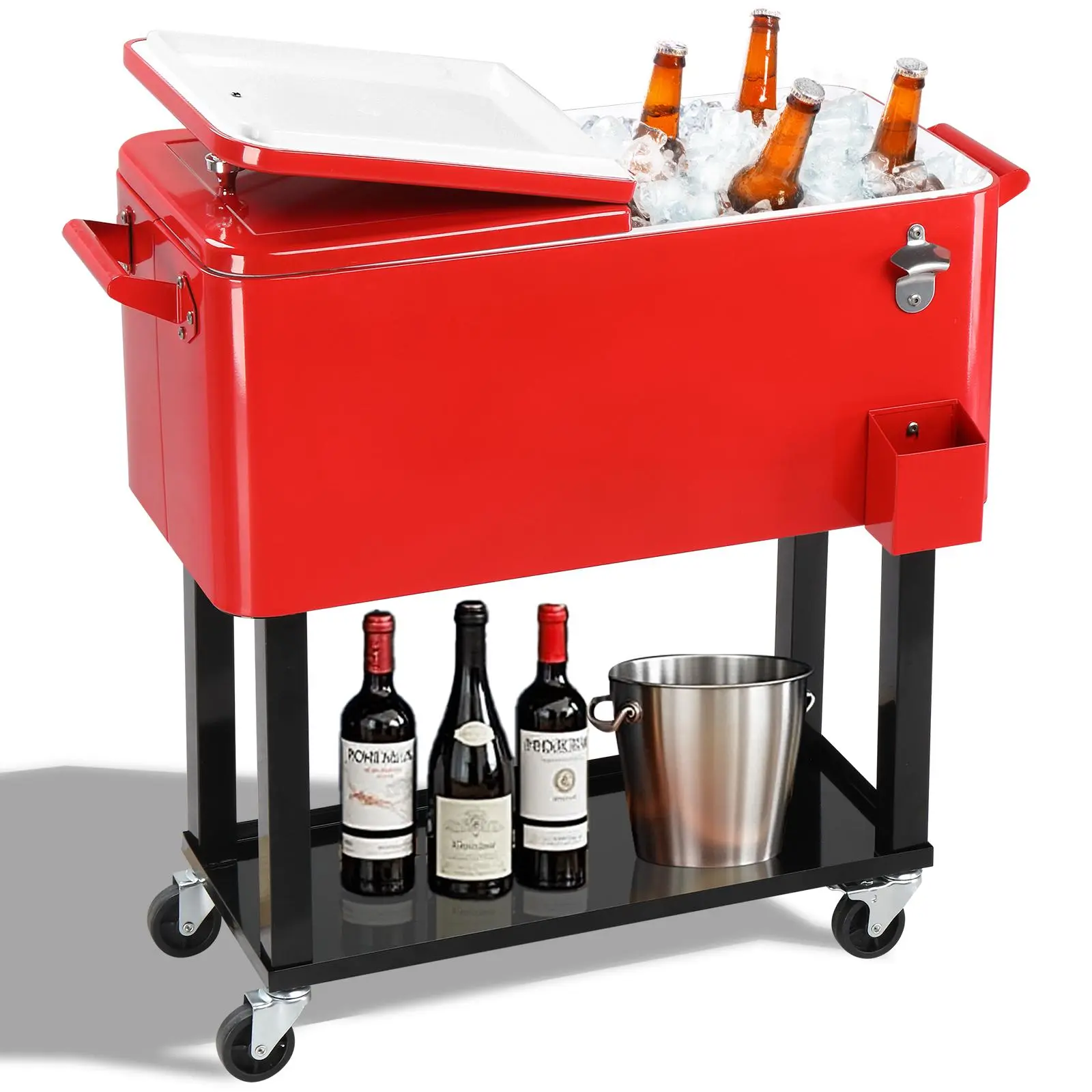 【Summervibes】UBesGoo 80 Quart Patio Cooler Rolling Cooler Ice Chest with Shelf, Wheels and Bottle Opener, Portable Patio Party Drink Cooling Cart