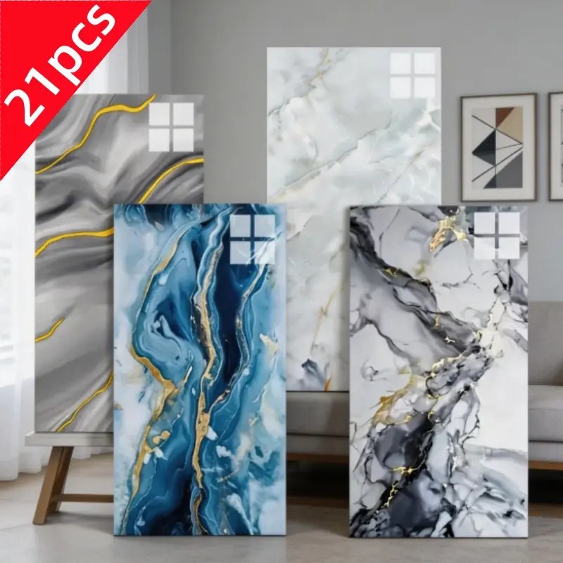 [21 pieces] 6 styles of marble-pattern waterproof self-adhesive wallpaper 30×60cm removable decorative stickers suitable for kitchen, bathroom, living room, and bedroom
