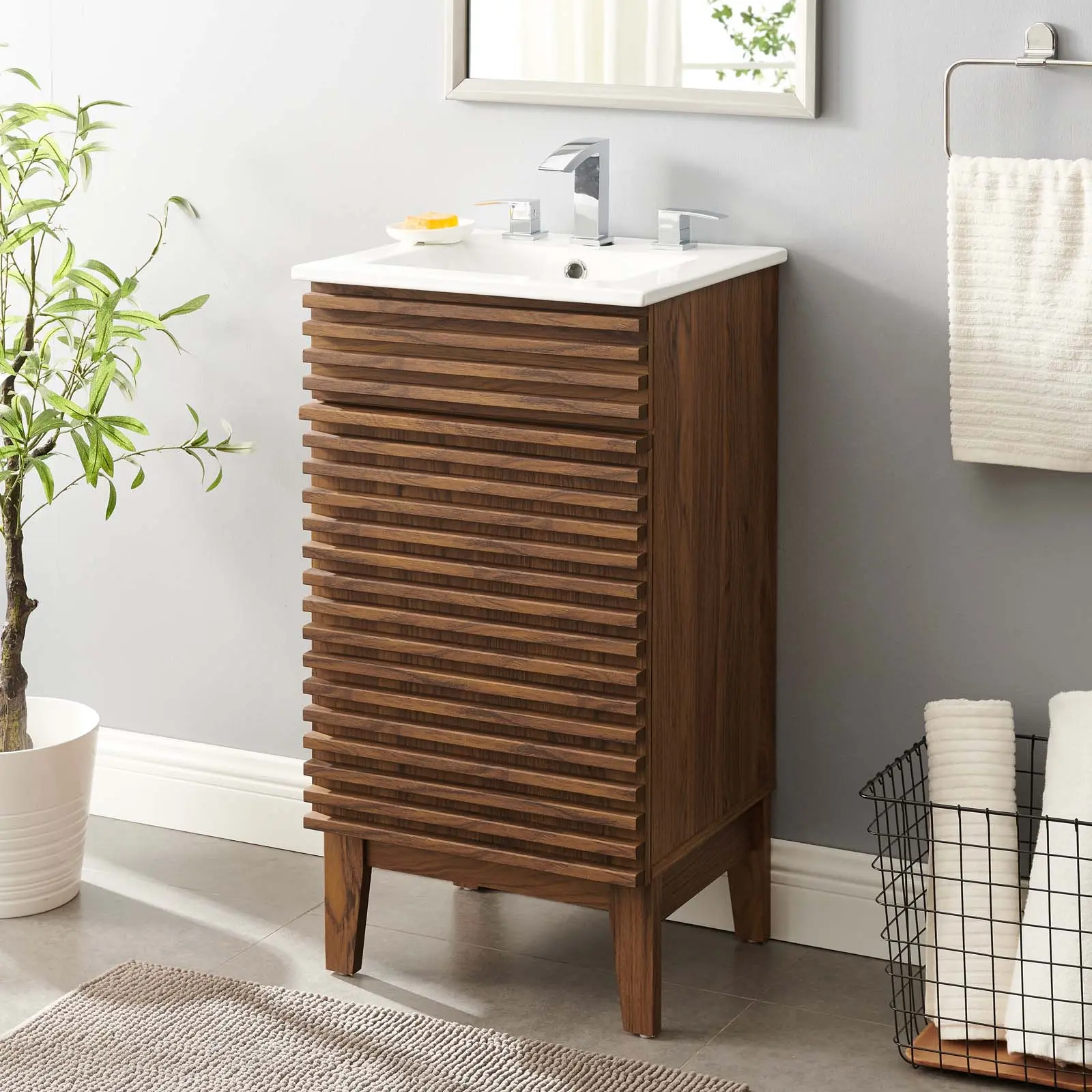 Modway Render Modern 18-in Wood Bathroom Vanity Cabinet with 18" Curved Ceramic Basin Top, Storage Cabinets, Walnut White Finish, Assembly Required, 18" Ceramic Basin Top